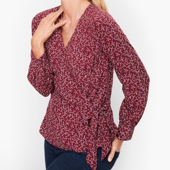 Talbots Tops - Talbots red poet sleeve wrap top blouse curly roses size MP